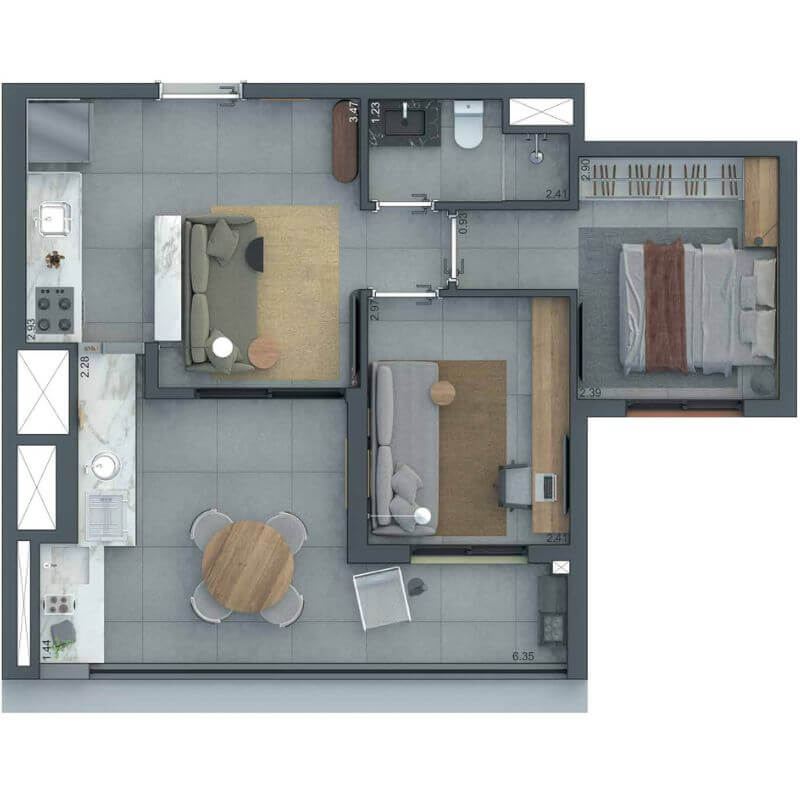 Planta de 59m² do SmartHome Alto do Ipiranga com 2 dormitórios e varanda gourmet