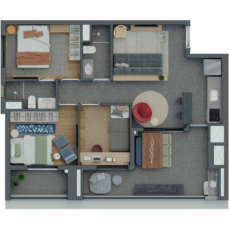 Planta de 79m² do SmartHome Alto do Ipiranga com 3 dormitórios, sendo 1 suíte, ampla sala e ampla varanda gourmet