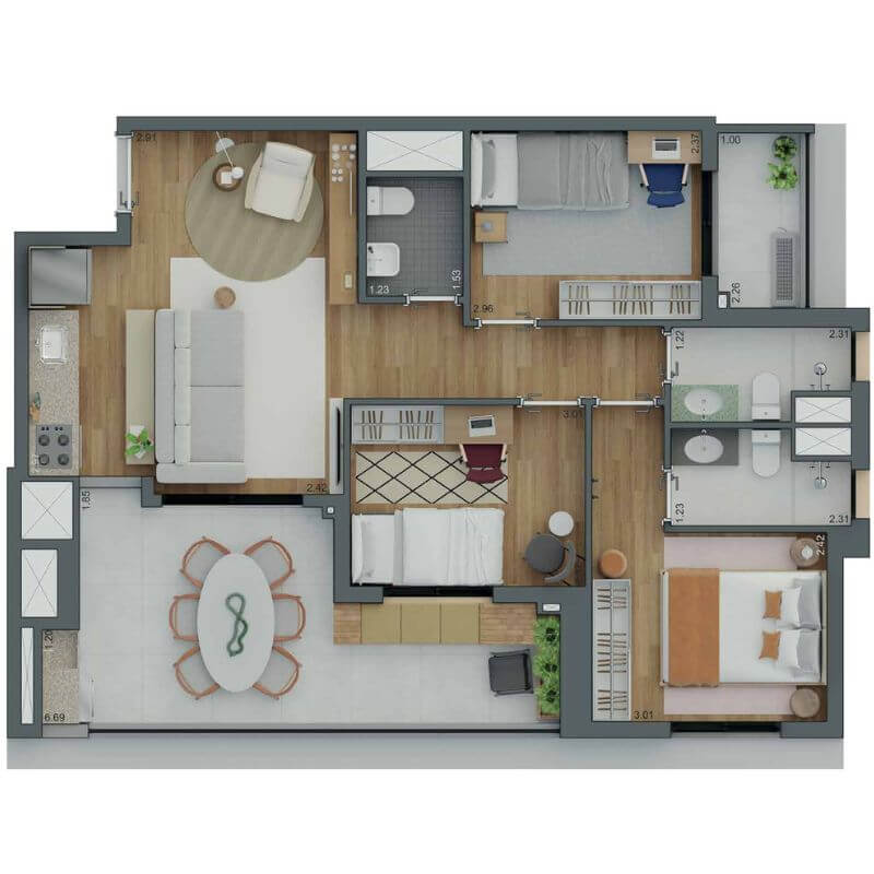 Planta de 85m² do SmartHome Alto do Ipiranga com 3 dormitórios, sendo uma suíte, e lavabo. Ampla varanda gourmet