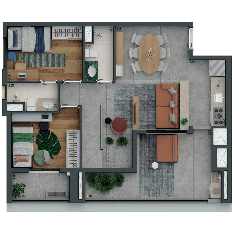 Planta do piso inferior do duplex de 138m² do SmartHome Alto do Ipiranga onde há uma suíte, mais um dormitório, sala para 2 ambientes confortáveis e boa varanda gourmet