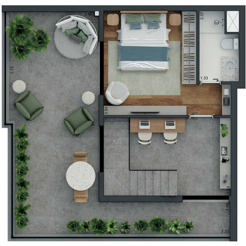 Planta do piso superior do duplex de 138m² do SmartHome Alto do Ipiranga onde há uma suíte, espaço de escritório e uma gostosa área externa