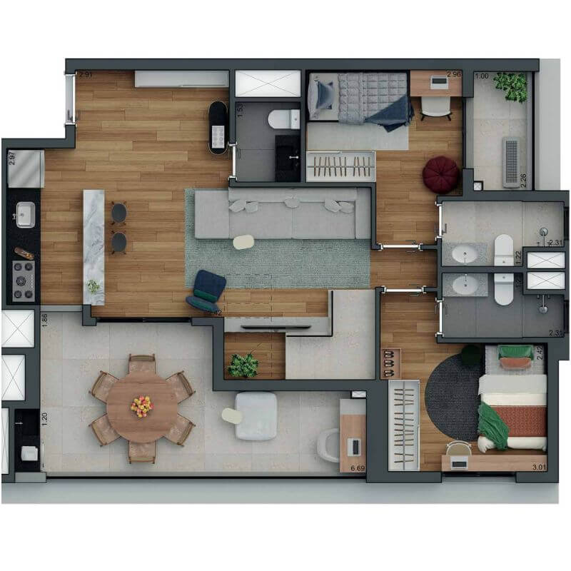 Planta do piso inferior do duplex de 140m² do SmartHome Alto do Ipiranga onde há 2 suítes, lavabo, sala ampla assim com a varanda gourmet