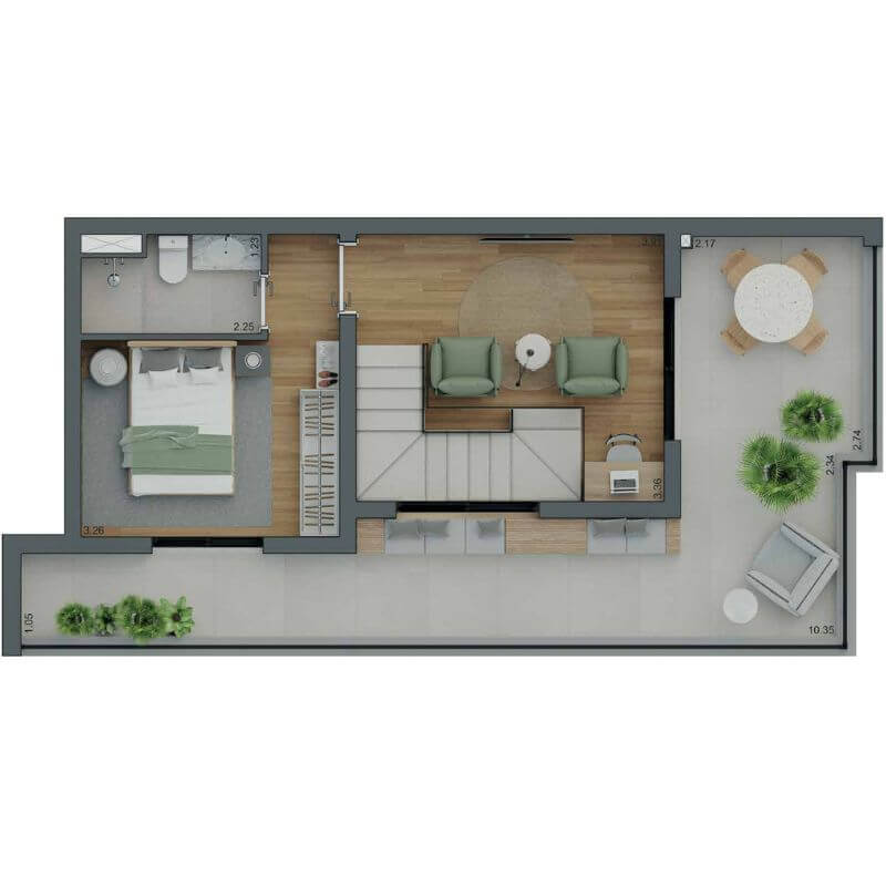 Planta do piso superior do duplex de 140m² do SmartHome Alto do Ipiranga onde há uma suíte, ambiente para sala de TV e uma varanda