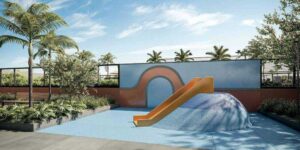Playground com escorregador e um bom espaço para correr
